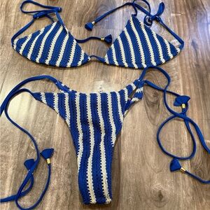 Shein Crochet Stripe Bikini Set – Blue & White